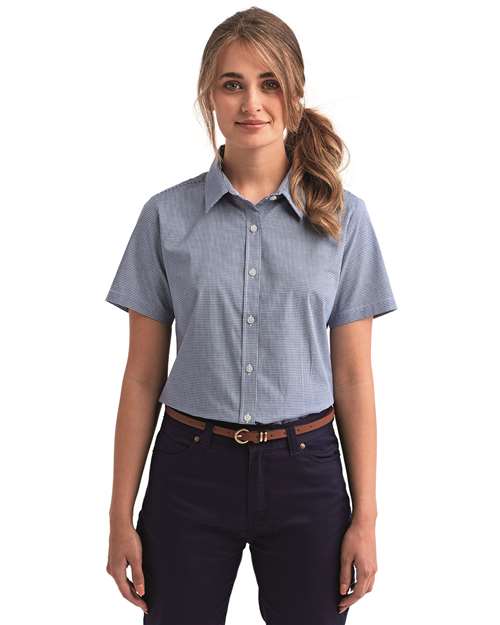 Artisan Collection by Reprime Women's Microcheck Gingham Short Sleeve Cotton Dress Shirt RP321