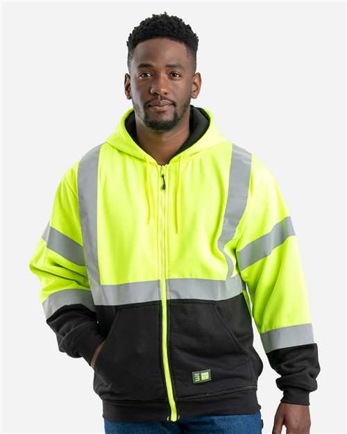 Berne Apparel Men's Hi-Vis Class 3 Color Block Full-Zip Hooded Sweatshirt HVF023